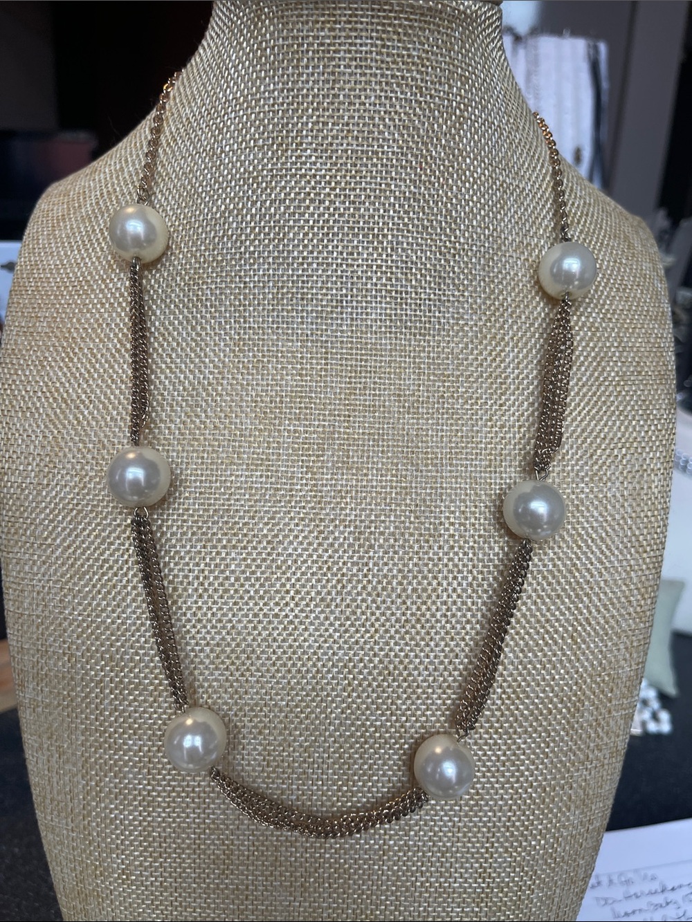 gold-tone and big faux pearl station necklace - 24”
